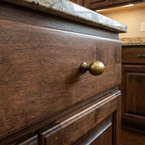 Oval Antique Brass Cabinet Knobs Set 1.6 Inch Zinc Alloy Drawer Knobs for dresser shown in close-up on wooden drawer