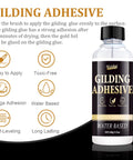 Gilding adhesive bottle with black cap, water-based label reading Gilding Adhesive
