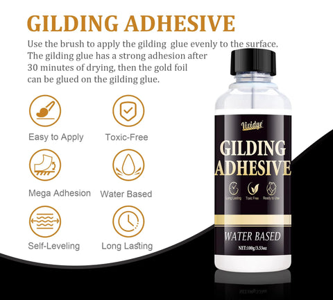 Gilding adhesive bottle with black cap, water-based label reading Gilding Adhesive