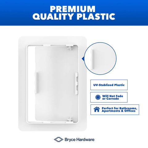 Top Shelf 4X6 Drywall Access Panel for Ceilings and Walls, Heavy Duty Impact Resistant Plastic Cover, game changing inspection door for plumbing and attic vents, built tough for damp areas, UV-stabilized white plastic.