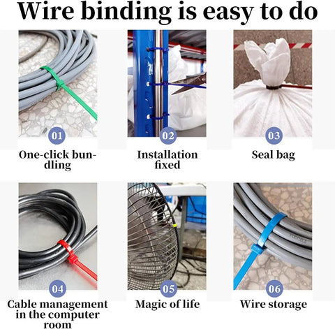 Multicolor 1200 Piece Zip Ties Set With 12 Colors used for organizing cables, securing bags, and bundling wires in various setups.
