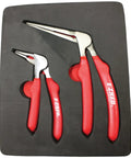 Kiwi Bent Head Needle Nose Pliers Set Of 2 For Tight Spots 6 And 8 Inch Pliers in packaging with red handles and curved heads.