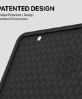 Close-up of Premium Silicone License Plate Frame For Front Or Rear Mounts, Rust Proof, Weather Resistant, No Rattle, Built To Last, Flexible And Durable Car Plate Holder, Black, showing the patented design.