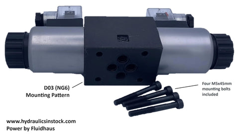 Pro Grade heavy duty hydraulic solenoid valve D03 NG6 with DIN connector and bolts, ideal for cylinders and motors.