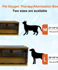 Two sizes of All-In-One Pet Oxygen Chamber And ICU Nest For Cats, Dogs, And Small Exotic Pets shown with pet silhouettes.