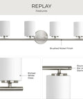 Four Light Etched White Glass Modern Bathroom Vanity Light Replay Collection Brushed Nickel Finish For Coastal Contemporary Baths