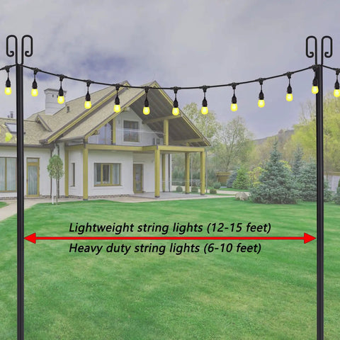 Beefy 100 Inch Outdoor String Light Poles 2 Pack with lights in garden, stable steel stakes, 5 prong base near house.