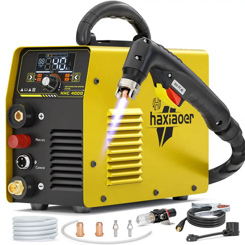 HXC400D Plasma Cutter 110/220V Dual Voltage 40A Non High Frequency Non Touch Pilot Arc With a Big LED Display Clean 1/2 Inch Cut Max 3/4 Inch Cut Post Flow 2T/4T For Beginner DIYers And Home Projects showing front view with accessories on a white background