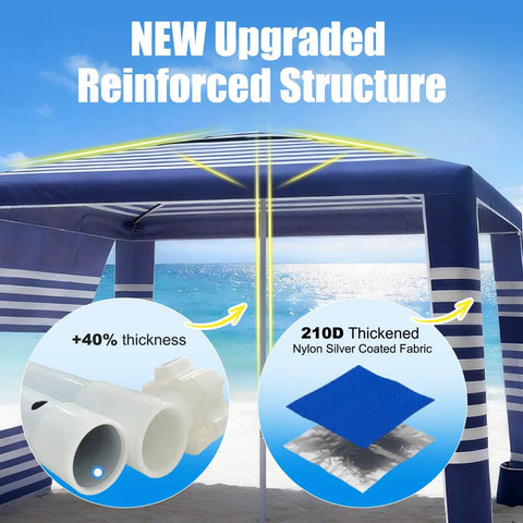 Close-up of Eight By Eight Foot Beach Cabana Tent With Sun Shield UPF 50 Plus material details and reinforced structure.