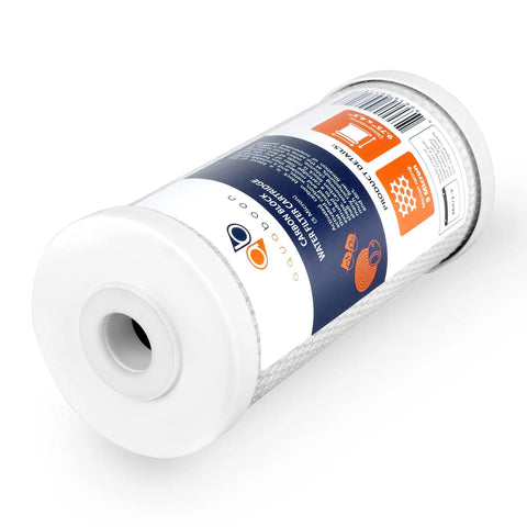 5 Micron 10x4.5 Carbon Block Whole House Water Filter Cartridge Replacement For CTO Filtration Reduces Chlorine And Chemicals Premium Coconut Shell Activated Carbon Compatible With FXHTC CB BB 10 EP BB 2 Pack in angled view