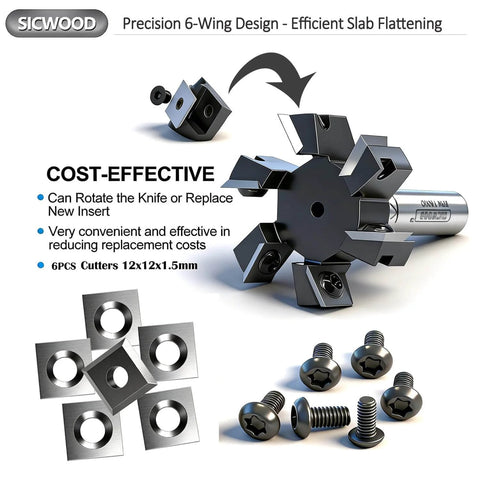 Slab Flattening Router Bit With A Half Inch Shank, Six Wing Carbide Insert, Two Inch Cutting Diameter, CNC Spoilboard Surfacing Bit
