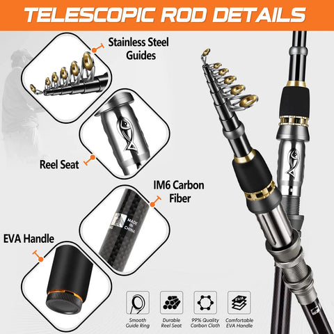 Telescopic Fishing Rod And Reel Full Kit With Carrier Case Carbon Fiber Pole showing stainless steel guides and EVA handle