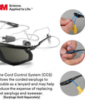 Virtua CCS Safety Glasses With Anti Fog Lens, gray lens and black frame, showing corded ear plug control system detail