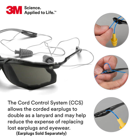 Virtua CCS Safety Glasses With Anti Fog Lens, gray lens and black frame, showing corded ear plug control system detail