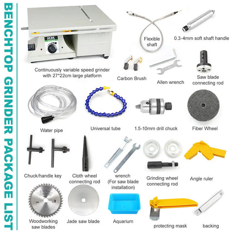 Powerful 850 W Bench Grinder And Polisher Machine With Adjustable Speed 800 To 11000 RPM For Rock Lapidary Projects includes versatile components like flexible shaft and saw blades.