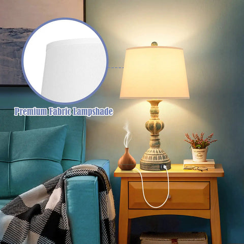 Set Of 2 Rustic Bedside Lamps With 3-Way Touch Dimming And USB Ports, Coastal Washed Blue Nightstand Lights on wooden table