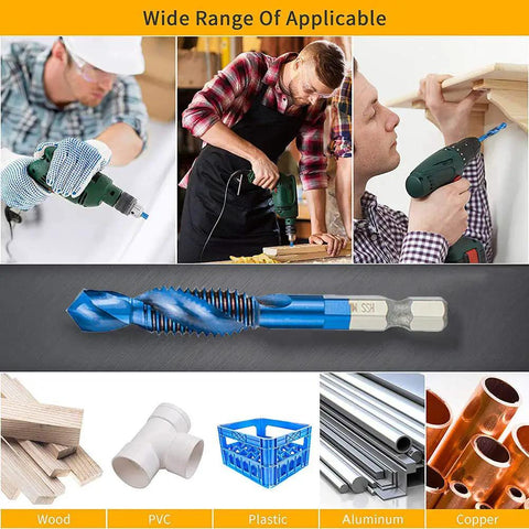 6 Piece Drill And Tap Bit Set With Nano Blue Coating For Quick Drilling Tapping Deburring And Countersinking In Metric Sizes M3 M4 M5 M6 M8 M10 With Hex Shank High Speed Steel Tough As Nails Finish displayed with usage examples and applicable materials like wood, PVC, plastic, aluminum, copper.