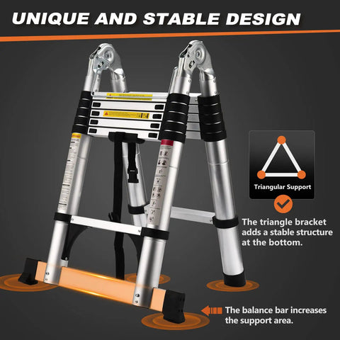 Portable Telescoping A Frame Ladder 12.5 Foot Compact Aluminum Extension For RVs And Campers Easy Fold Design With Stabilizer Bar