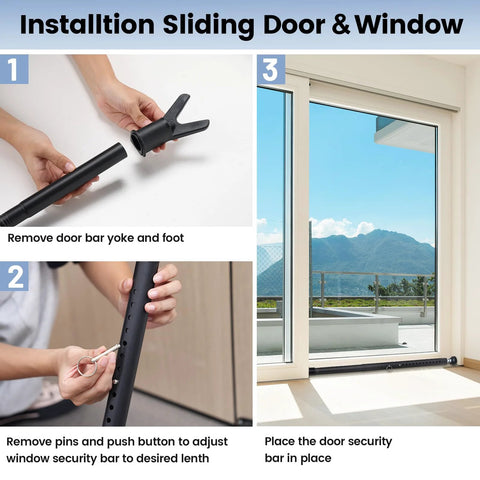 Three In One Sliding Door Security Bar 3 Pack Adjustable From 20.5 To 51.8 Inches With Removable Top And Bottom Catches installation guide