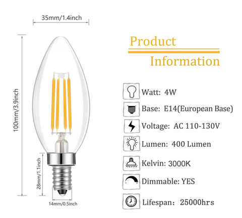 Dimmable E14 LED Bulbs 110V 400LM 40W Equivalent Warm White 3000K Clear Glass C35 Torpedo Bulb dimensions and specifications