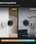 2K Indoor Outdoor Security Camera With Color Night Vision, AI Detection, Magnetic Mount, displaying indoor and outdoor setup