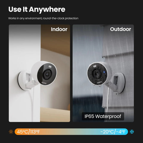 2K Indoor Outdoor Security Camera With Color Night Vision, AI Detection, Magnetic Mount, displaying indoor and outdoor setup