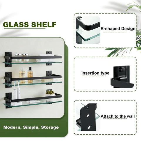 Three Pack Bathroom Glass Shelf Organizer Wall Mount Extra Thick 0.34 Inch Tempered Glass With Aluminum Frame Black Finish
