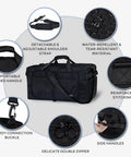 65L Duffle Bag With Shoes Compartment, Foldable Travel Duffel, black with shoulder strap, water repellent and tear resistant features.