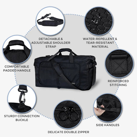 65L Duffle Bag With Shoes Compartment, Foldable Travel Duffel, black with shoulder strap, water repellent and tear resistant features.