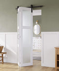 Space Saving Bifold Barn Door 28 Inch by 84 Inch Frosted Glass With Hardware Kit Included White PVC Surface installed in room