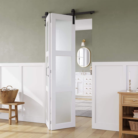 Space Saving Bifold Barn Door 28 Inch by 84 Inch Frosted Glass With Hardware Kit Included White PVC Surface installed in room
