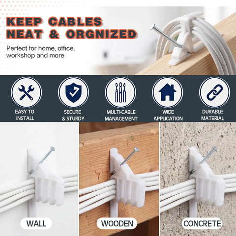200 Piece Cable Management Kit With Steel Nails And White Wire Clips. Heavy duty clips installed on wall, wood, and concrete surfaces.