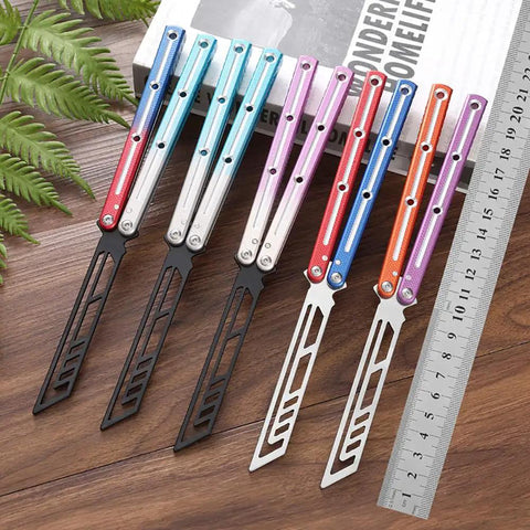 Integrated Forging Bushing System With Aluminum Channel Handle in various colors, ruler for scale, on wooden surface