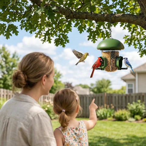 Outdoor Bird Feeder With Three Compartments And Three Feeding Ports, Weatherproof Dome, Three Ways To Hang, Large Capacity For Cardinals And Finches