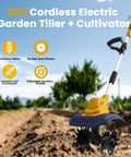 Cordless Garden Tiller Cultivator Tool Only With 250 RPM Brushless Motor 48 Steel Tines 8.7 Inch Tilling Width in a field