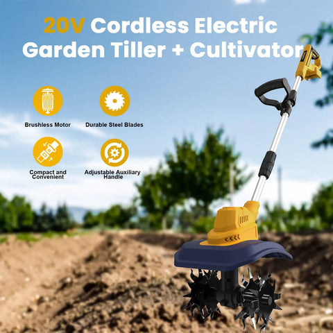 Cordless Garden Tiller Cultivator Tool Only With 250 RPM Brushless Motor 48 Steel Tines 8.7 Inch Tilling Width in a field