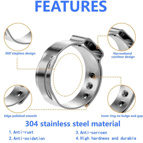 Close-up of 304 stainless steel single ear crimp clamp from 260 Piece Hose Clamp Kit With 12 Sizes 5.3 To 33.1mm, showing design features.