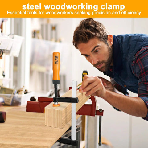 Man using Four 6 Inch F Clamp Set For Woodworking, 300 Lbs Clamping Force, Ergonomic Grip Bar Clamps For Glue Ups, DIY Projects, Home Repairs