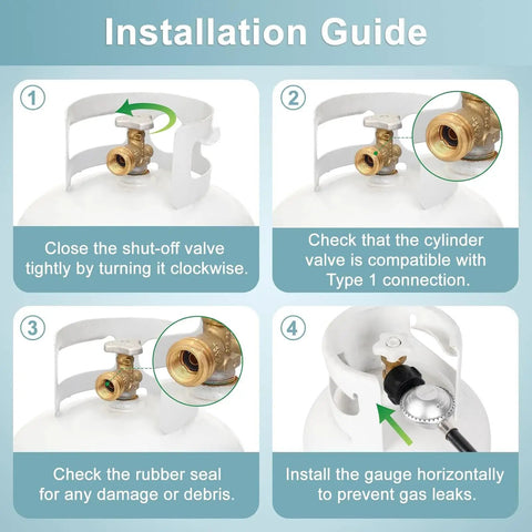 Installation guide showing steps for connecting a propane regulator and hose to a tank using a shut-off valve with 3/8 inch female flare.
