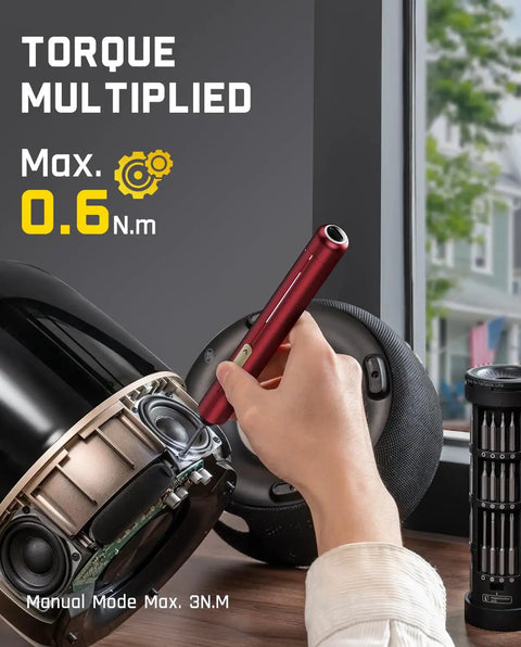 Hand using E2 Ultra Electric Screwdriver Kit with 50 Magnetic Bits for electronics repair, showcasing 0.6 N.m torque capability.