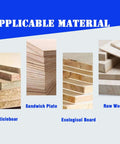 Woodworking material collage showing labeled samples: Particleboard, Sandwich Plate, Ecological Board, Raw Wood.
