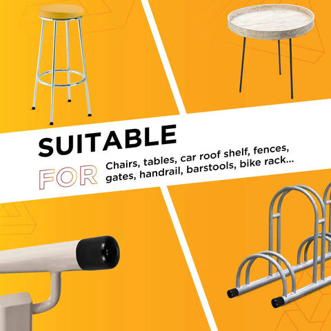 Collage showing applications of 5/8 Inch Flexible Plastic Hole Caps For Round Tubing 5/8 OD Black End Caps on furniture and fixtures.