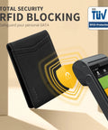 Slim Rfid Blocking Genuine Leather Bifold Wallet For Men With Dual Id Display Large Card Capacity And Kickass Gift Box Durable Full Grain Stitching Tight Carry showing RFID blocking feature.