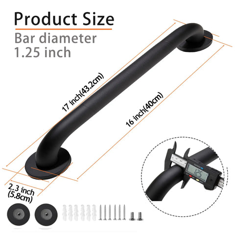 Workhorse Grade 16 Inch Black Shower Grab Bars Two Pack Heavy Duty 304 Stainless Steel Bathroom Safety Handles showing size measurements.