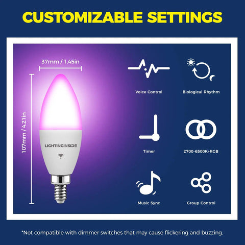 E12 Smart LED Bulbs 60W Equiv Candle Candelabra, RGBCW Color Changing, 500 Lumen, customizable settings display