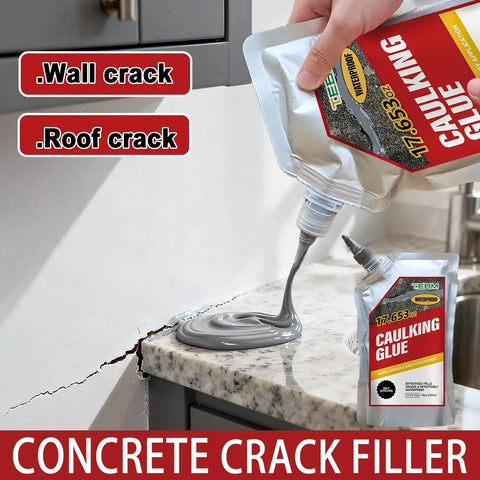Heavy Duty Concrete Crack Filler And Retaining Wall Joint Compound With Base Seal Plus Masonry Fissure Mastic applied to wall crack.