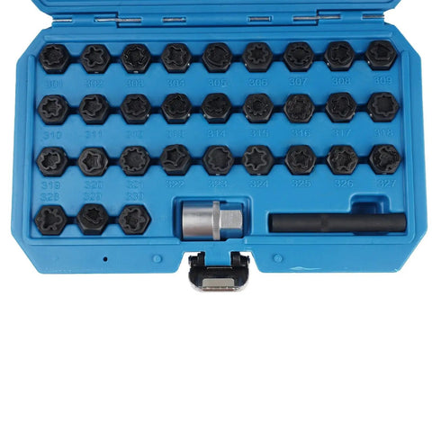Open blue case with Premium 32Pcs Wheel Locking Nut Key Kit For Mercedes Benz And More Anti-Theft Lug Removal Tool Set Spline Adapter Socket
