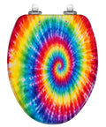 Elongated Tie Dye Aquarelle Print Tie Dye Spiral Rainbow Toilet Seat in vibrant multi-color swirl design, sturdy resin construction.