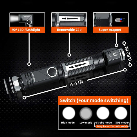 Infographic of Beast 600 Lumen Tactical Flashlight With 90 Degree Angled Head, showing dimensions, removable clip, and mode options.