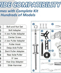 Diagram showing components of 9 Way Slide Hammer Puller Set For Auto Hubs And Axles, with internal and external jaws and case.
